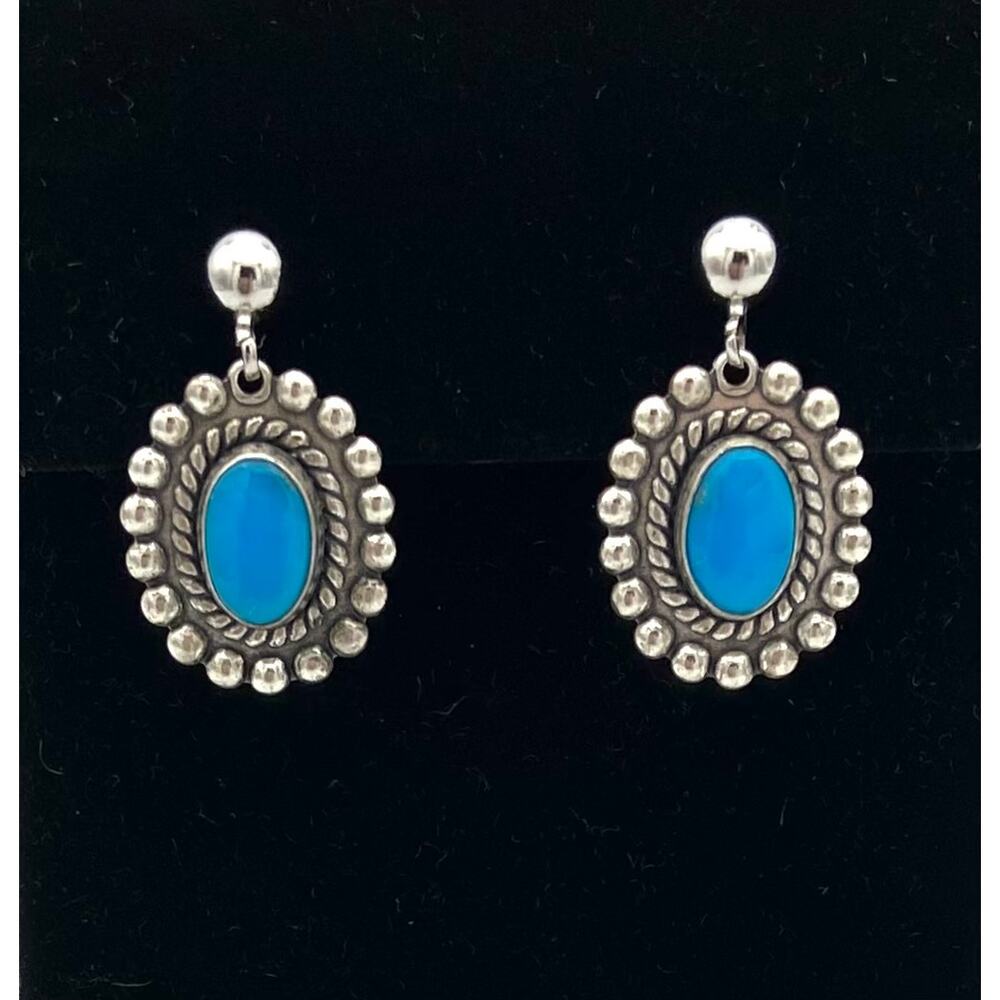Sterling Silver Turquoise Drop Earrings Southwestern Oval Pierced Post 5.56g